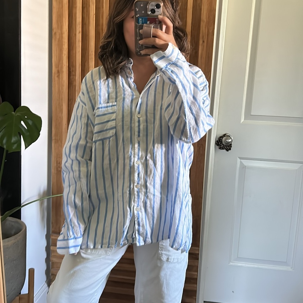 J Jill Love Linen Shirt Top Blue White Long Sleeve Striped. Size XL - Picture 10 of 12